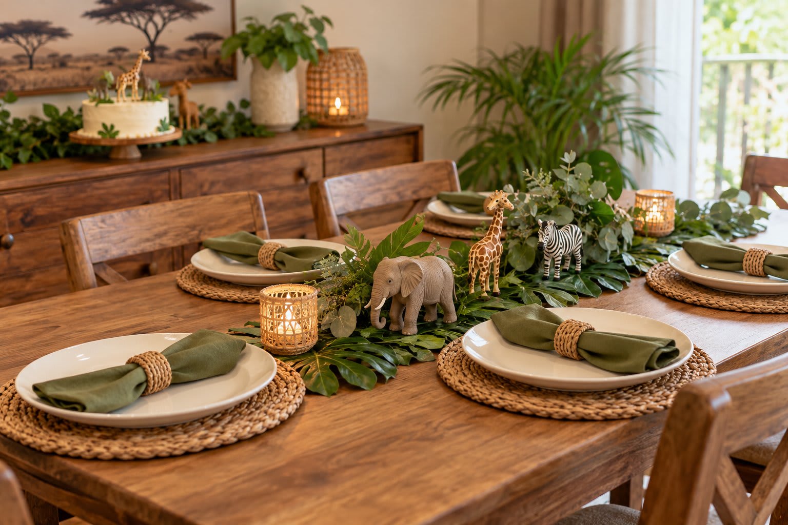 Safari birthday table with a narrow greenery runner, woven placemats, and cream plates.