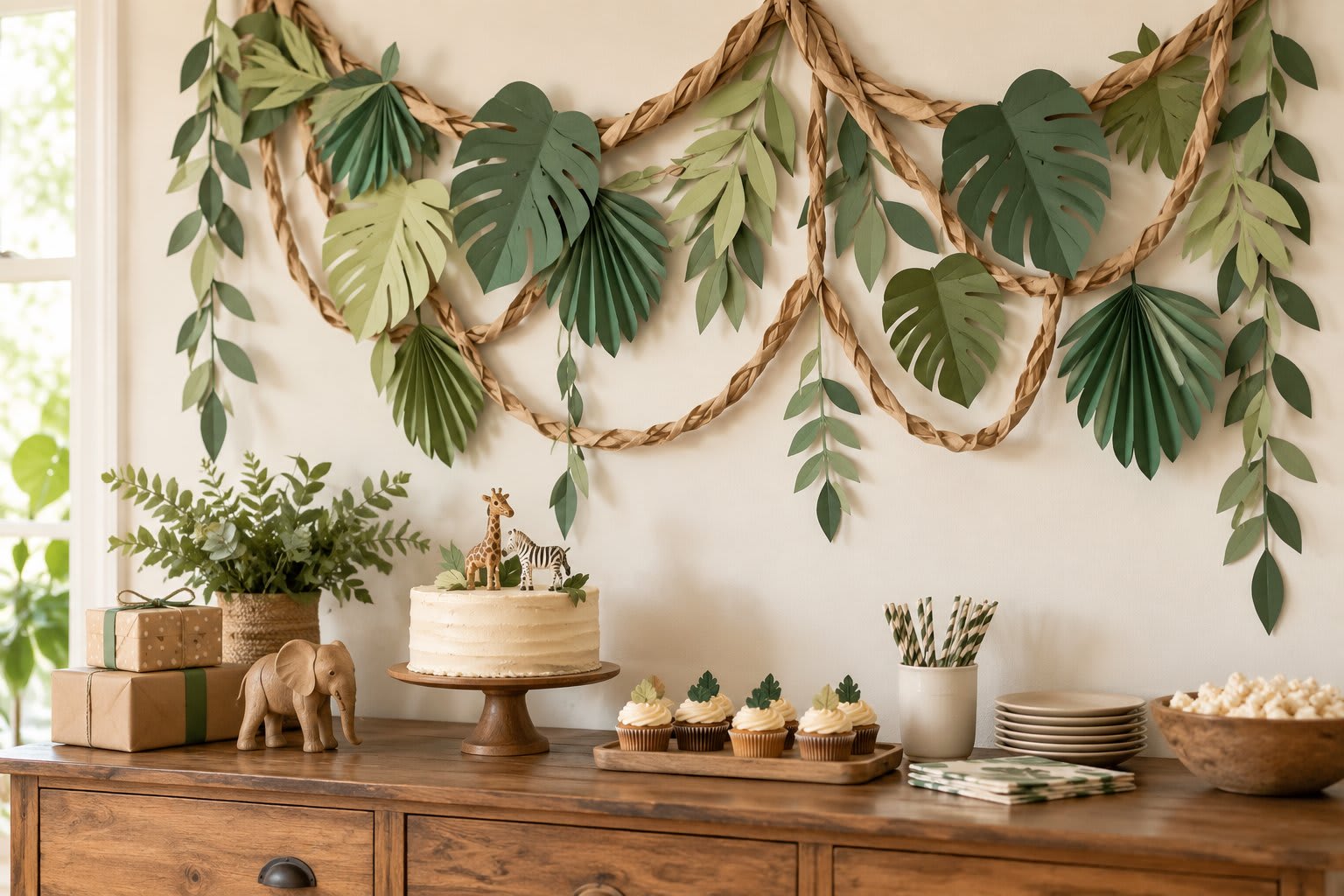 Folded green paper leaves and kraft paper vines decorating a safari birthday wall.