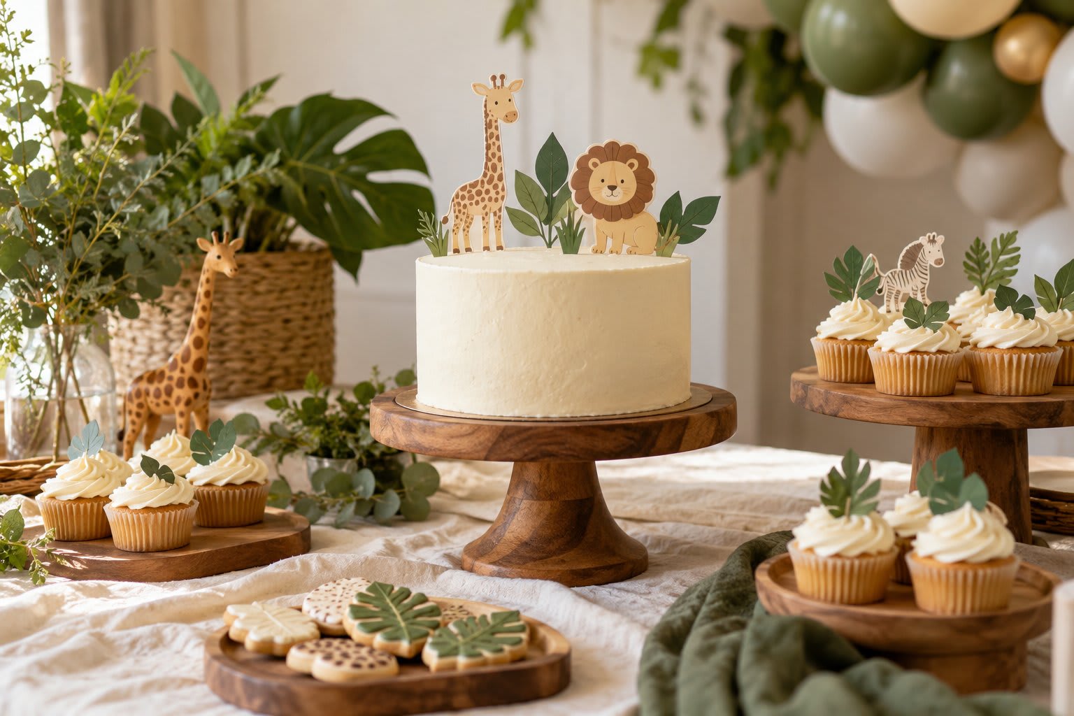 Ivory birthday cake with safari animal toppers, cupcakes, and wooden serving stands.