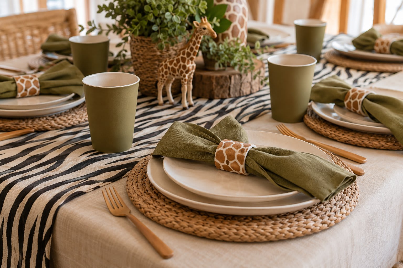 Safari table setting with giraffe-print napkin rings, a zebra-print accent runner, and olive cups.