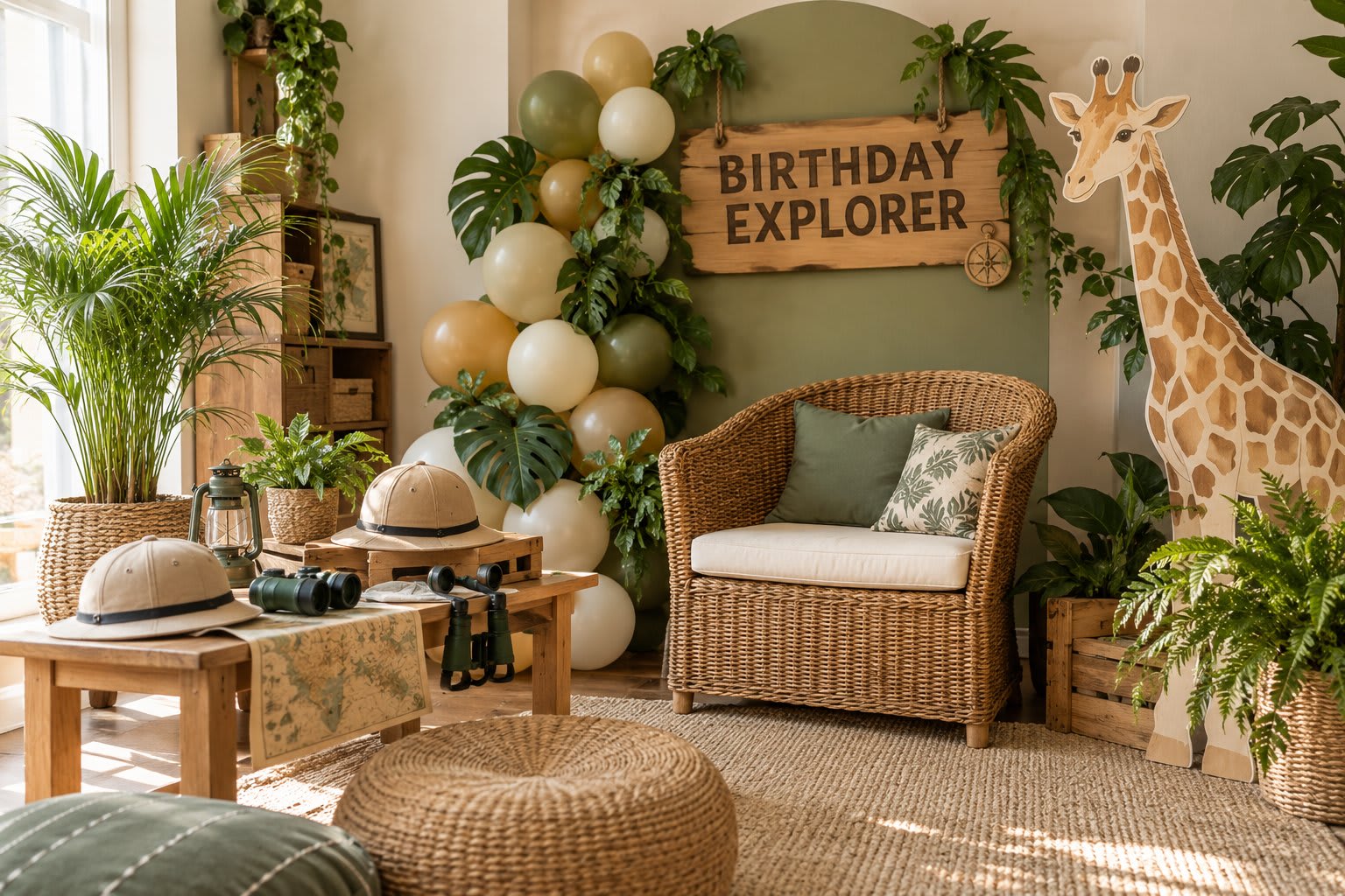Safari photo corner with a woven chair, explorer hats, toy binoculars, and a giraffe cutout.