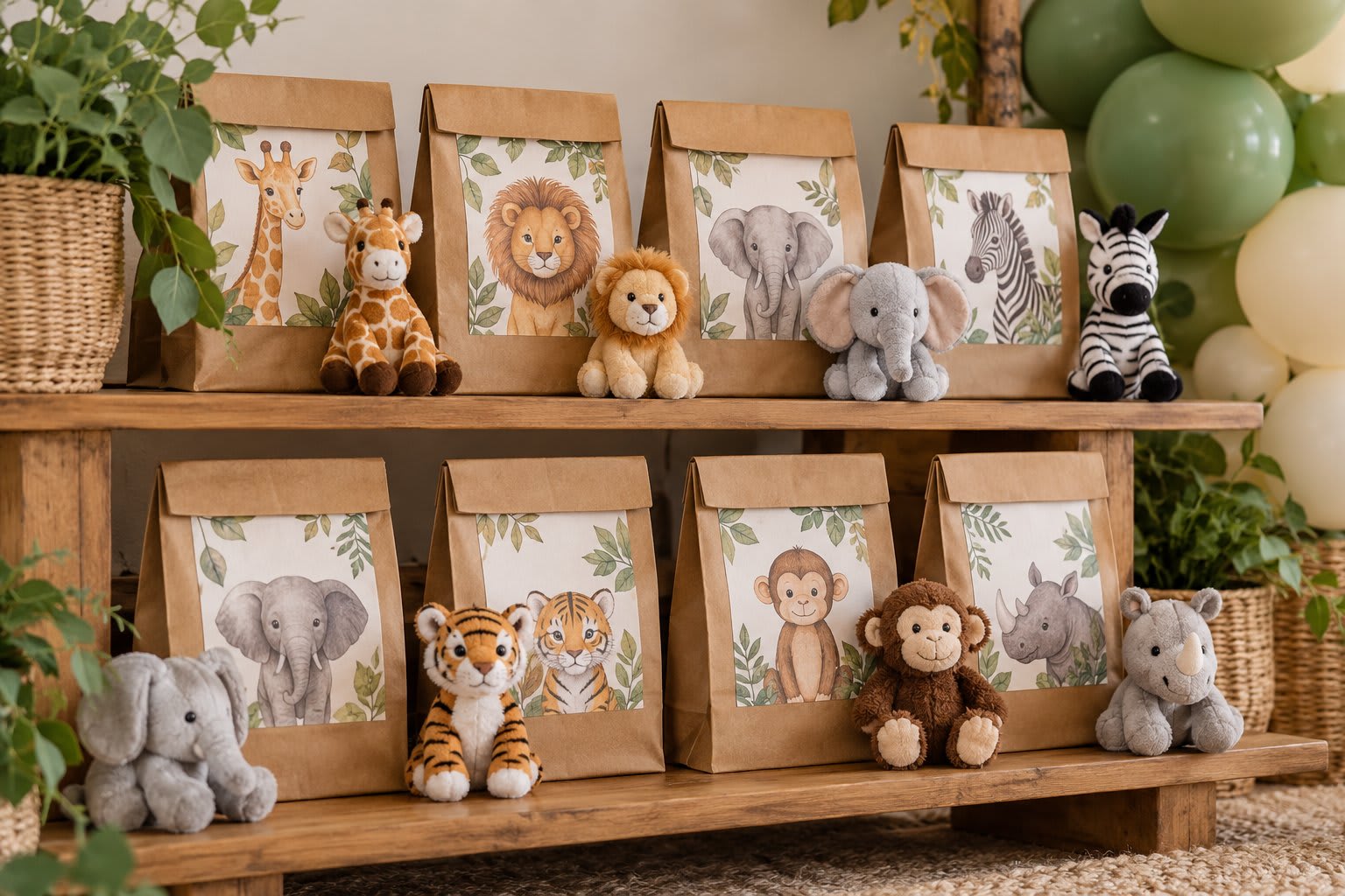 Kraft safari favor bags and plush animals arranged on low wooden shelves.