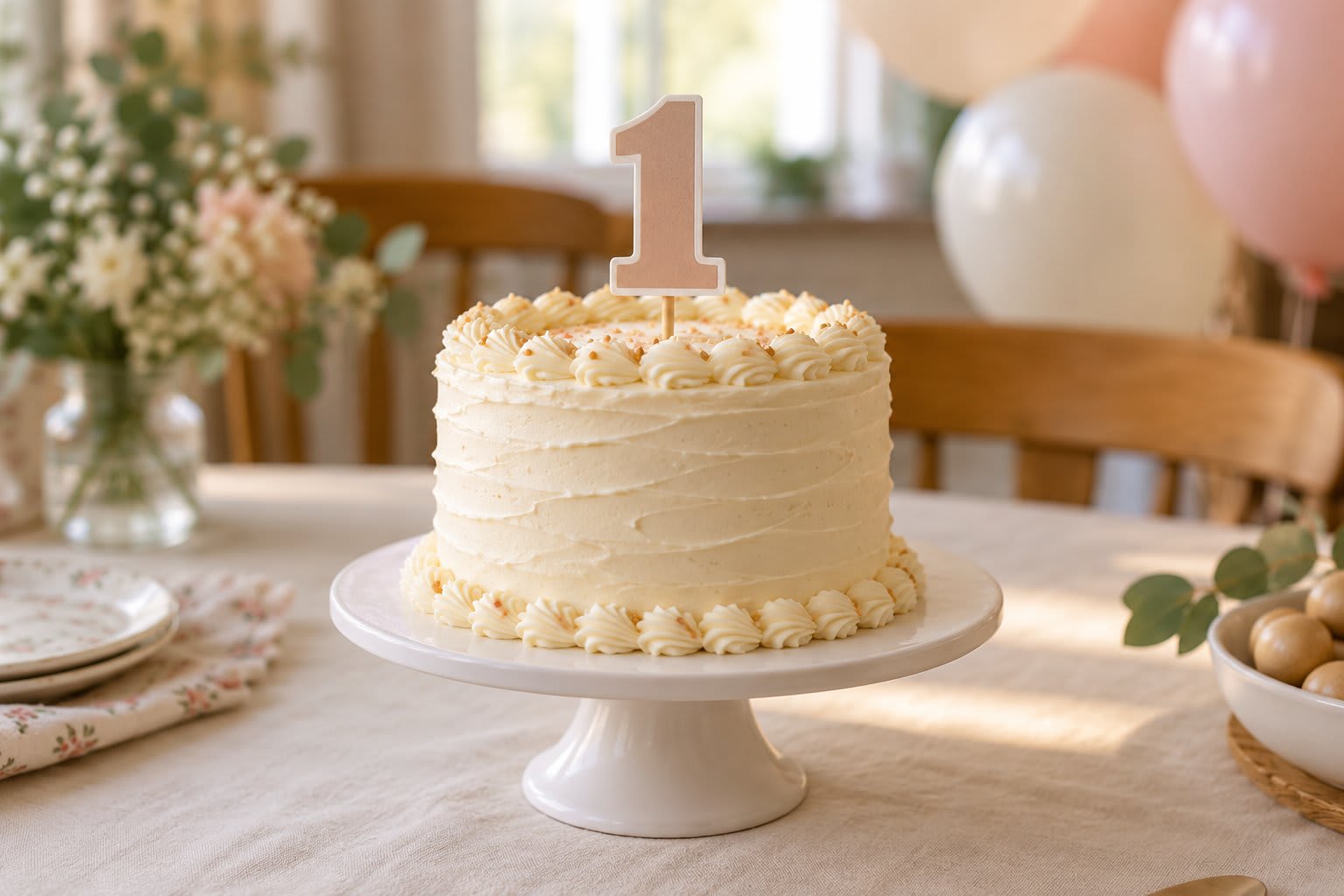 Small ivory buttercream first birthday smash cake with a number-one topper.