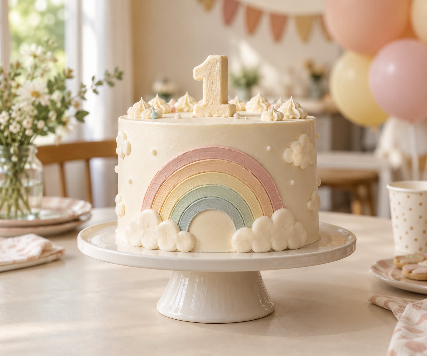Cream first birthday cake with a pastel buttercream rainbow and piped clouds.