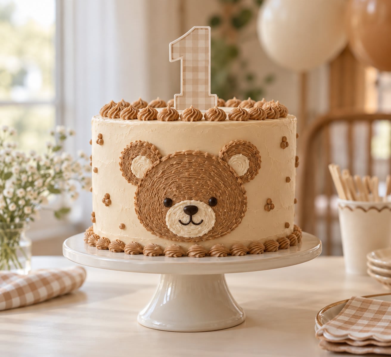 Beige first birthday cake with a piped teddy bear face and a number-one topper.