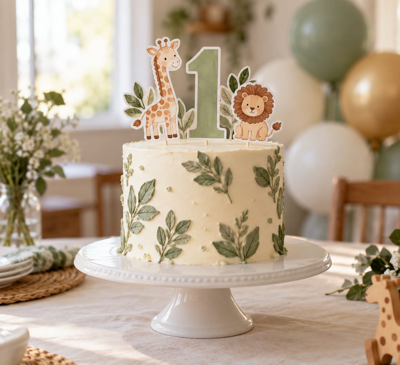 Ivory safari first birthday cake with sage leaves and paper giraffe and lion toppers.