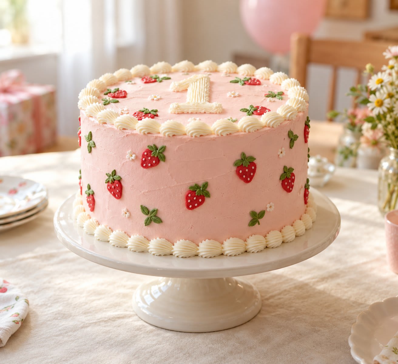 Pale pink first birthday cake with tiny strawberries piped in buttercream.