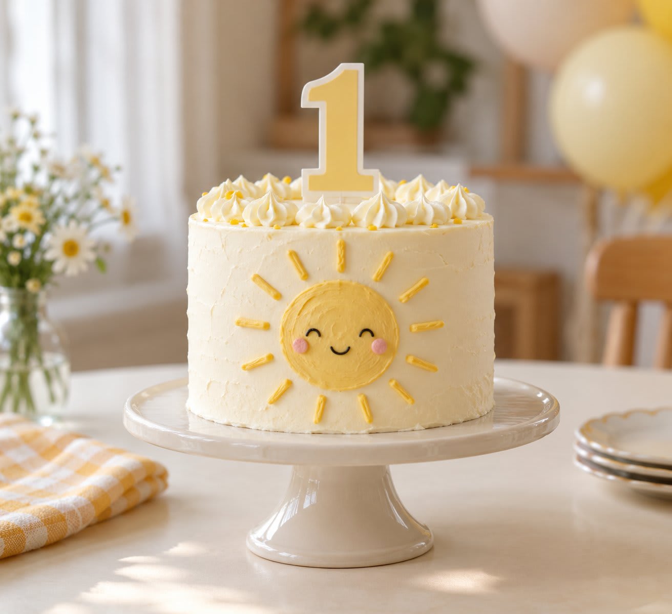 Ivory first birthday cake with a yellow buttercream sun and a number-one topper.