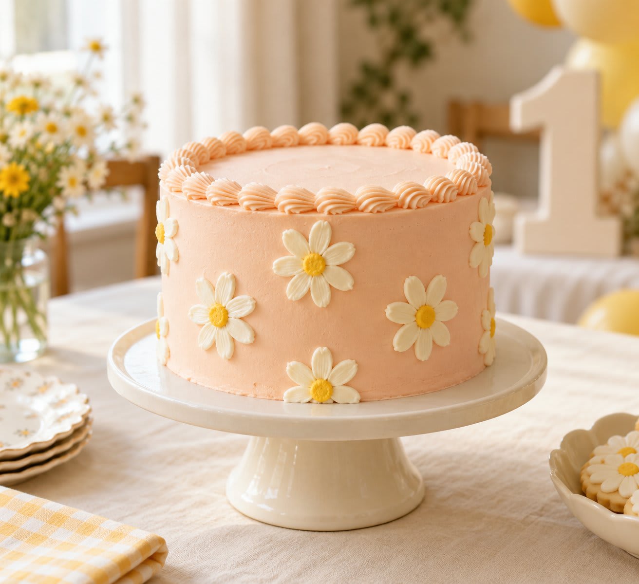 Peach first birthday cake decorated with white buttercream daisies and yellow centers.