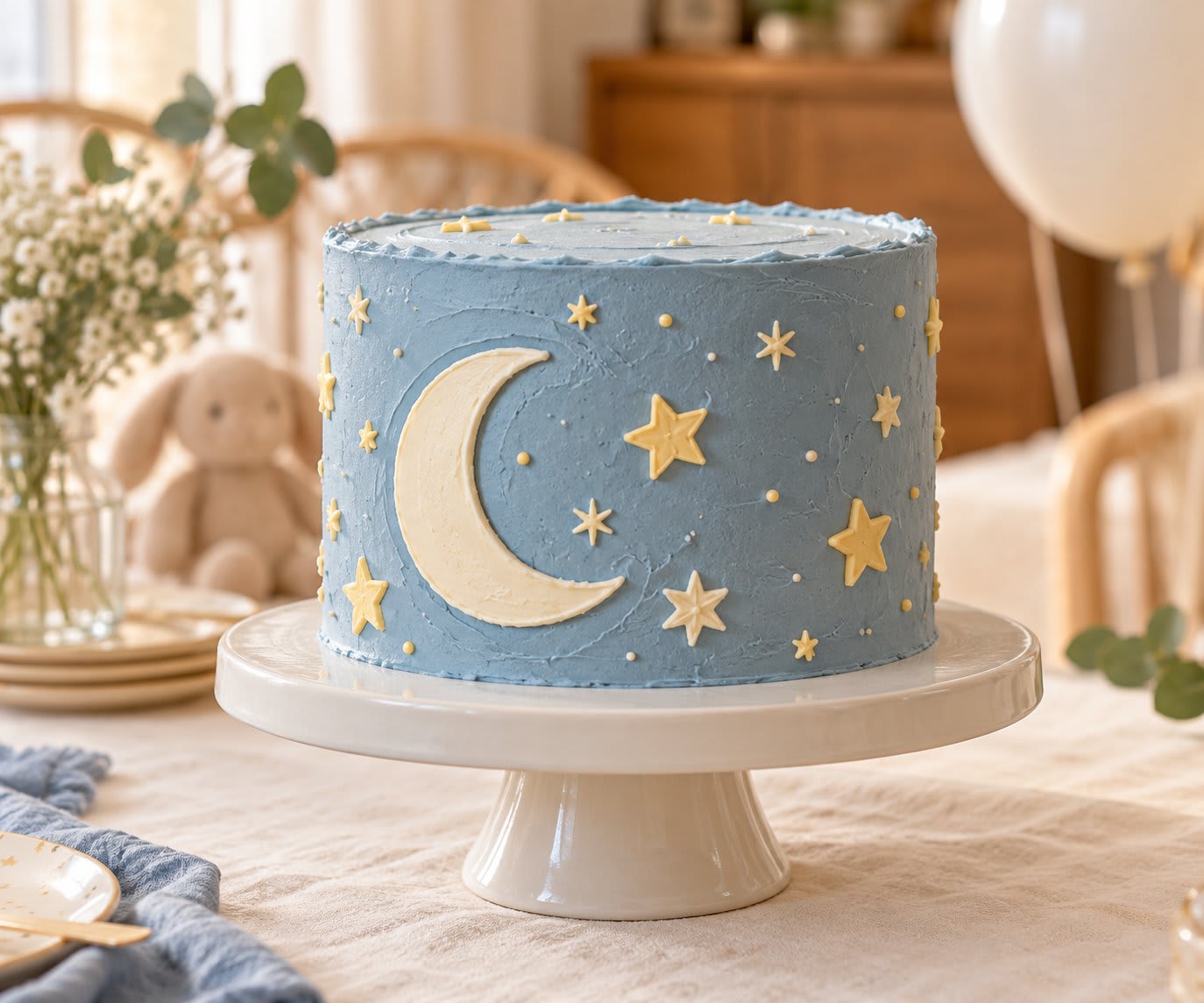 Muted blue first birthday cake with an ivory crescent moon and pale yellow stars.
