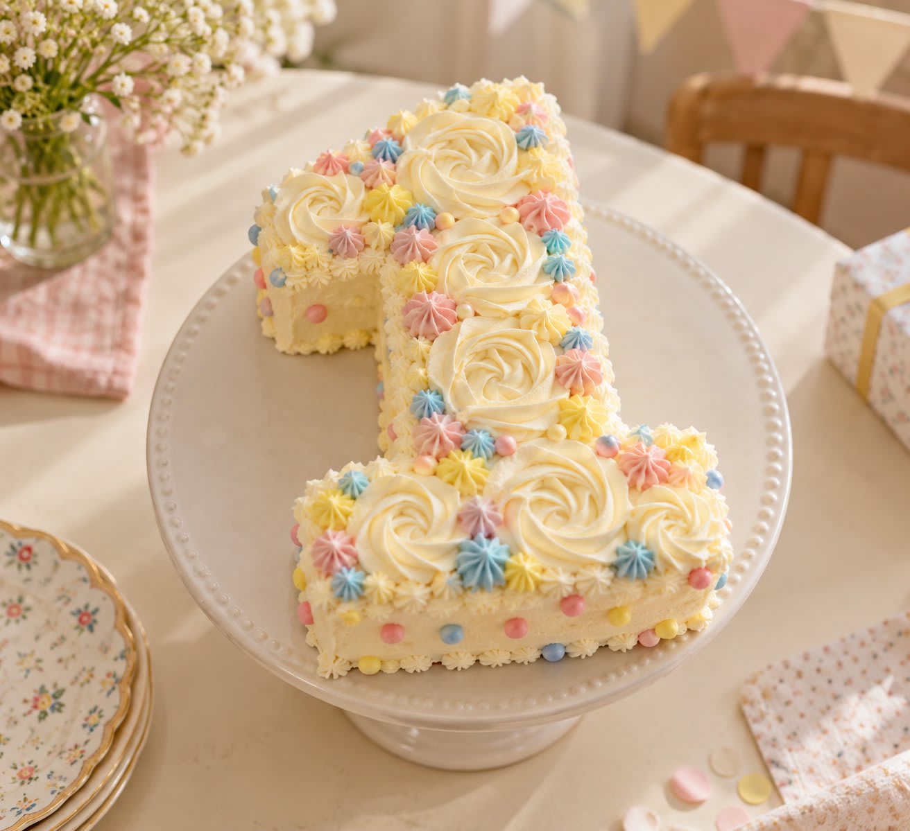 Number-one-shaped birthday cake covered with ivory rosettes and pastel buttercream dots.