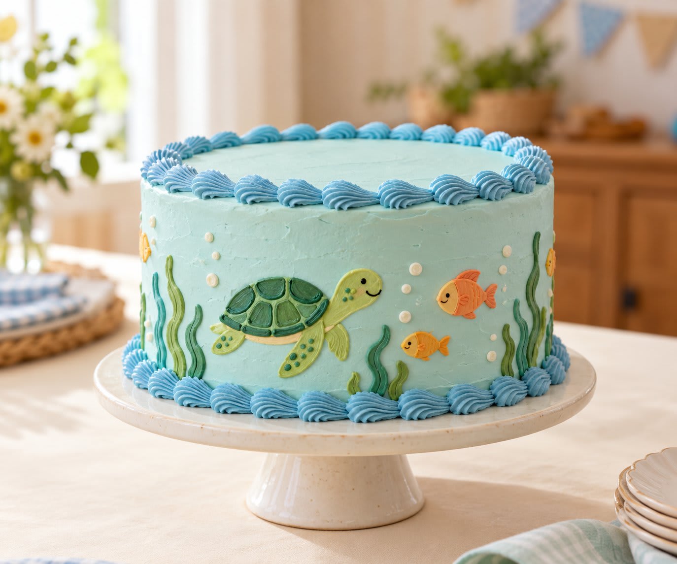 Aqua first birthday cake with buttercream waves and flat turtle and fish illustrations.