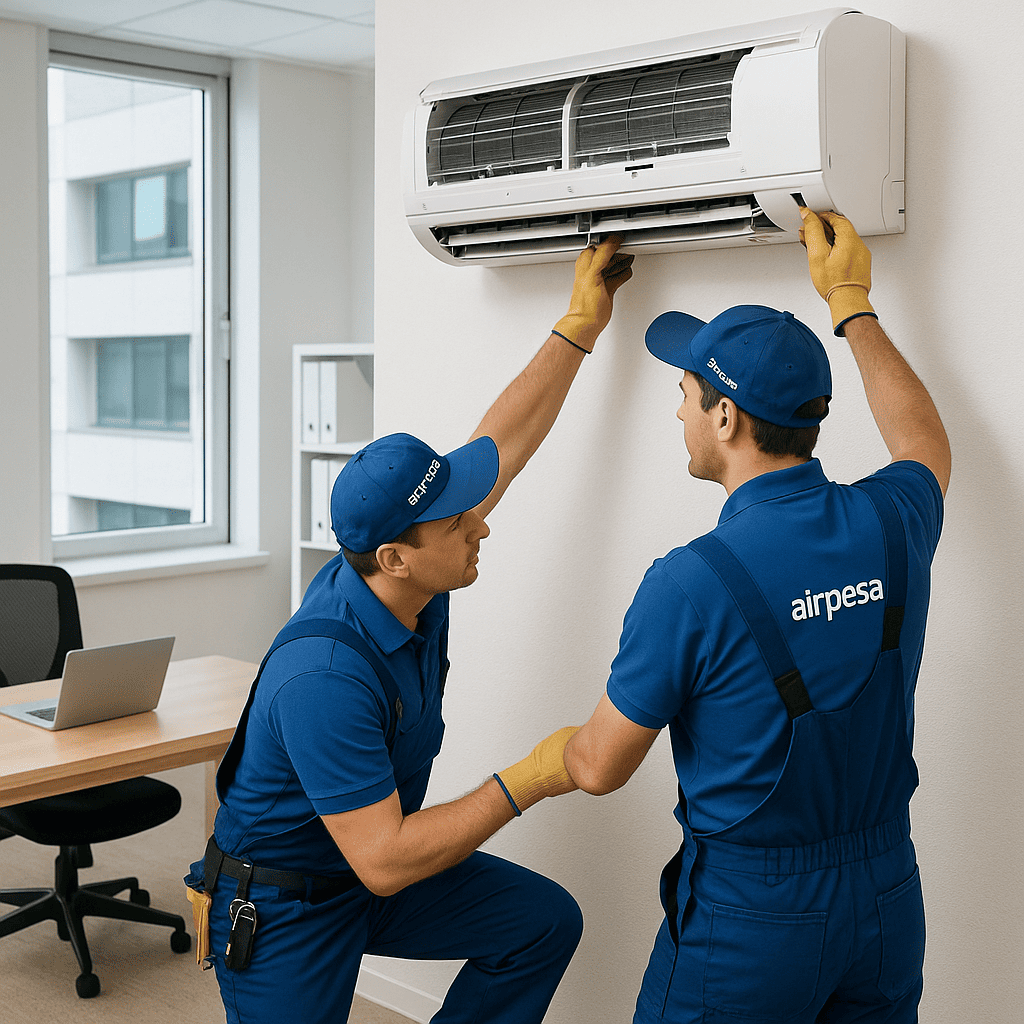 tecnicos_de_airpesa_instalando_equipo_de_aire_acondicionado_en_oficina
