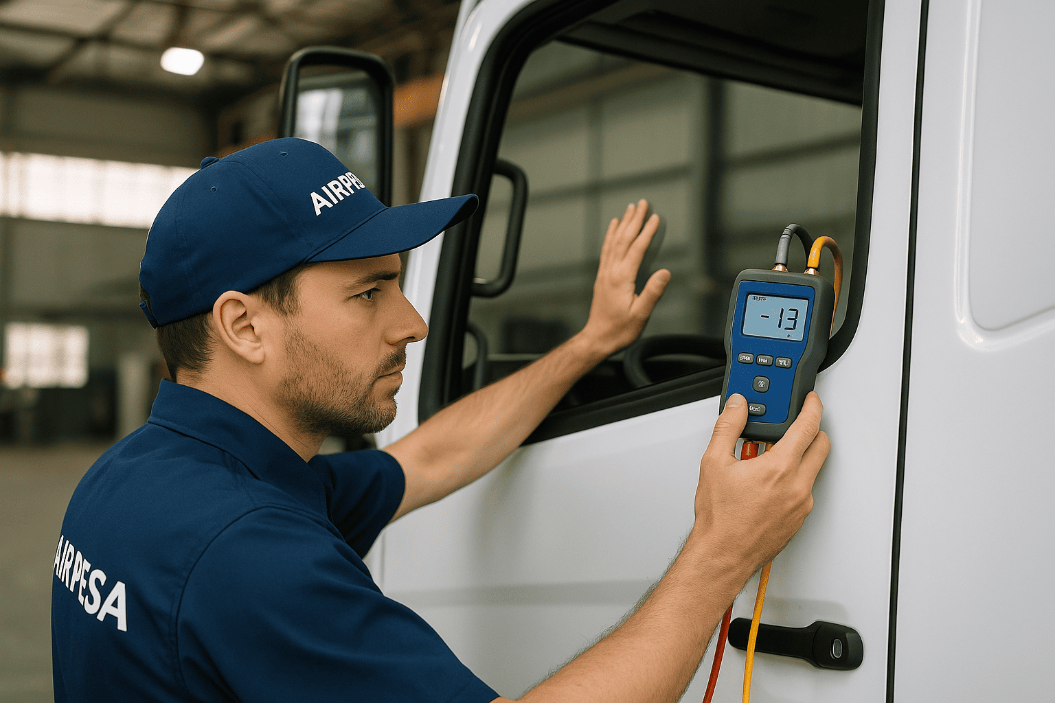 tecnico-de-aire-acondicionado-verificando-la-hermeticidad-al-exterior-de-la-cabina-de-un-camion
