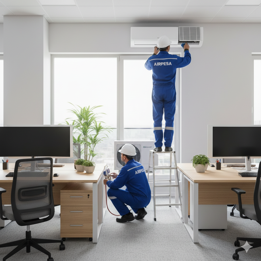 tecnicos_de_aire_acondicionado_realizando_mantienimiento_de_aire_acondicionado_a_oficina
