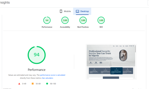 Google page insight perfomance  audit for this website, perfomance 94, accessibility: 100, seo: 100, best pratice: 100