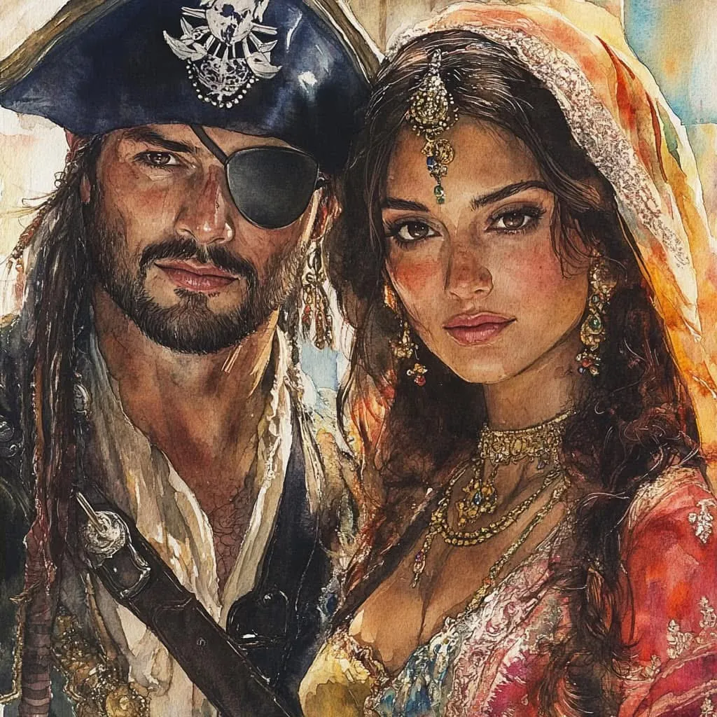 Cover illustration for The Portuguese Pirate and girl from Jessore