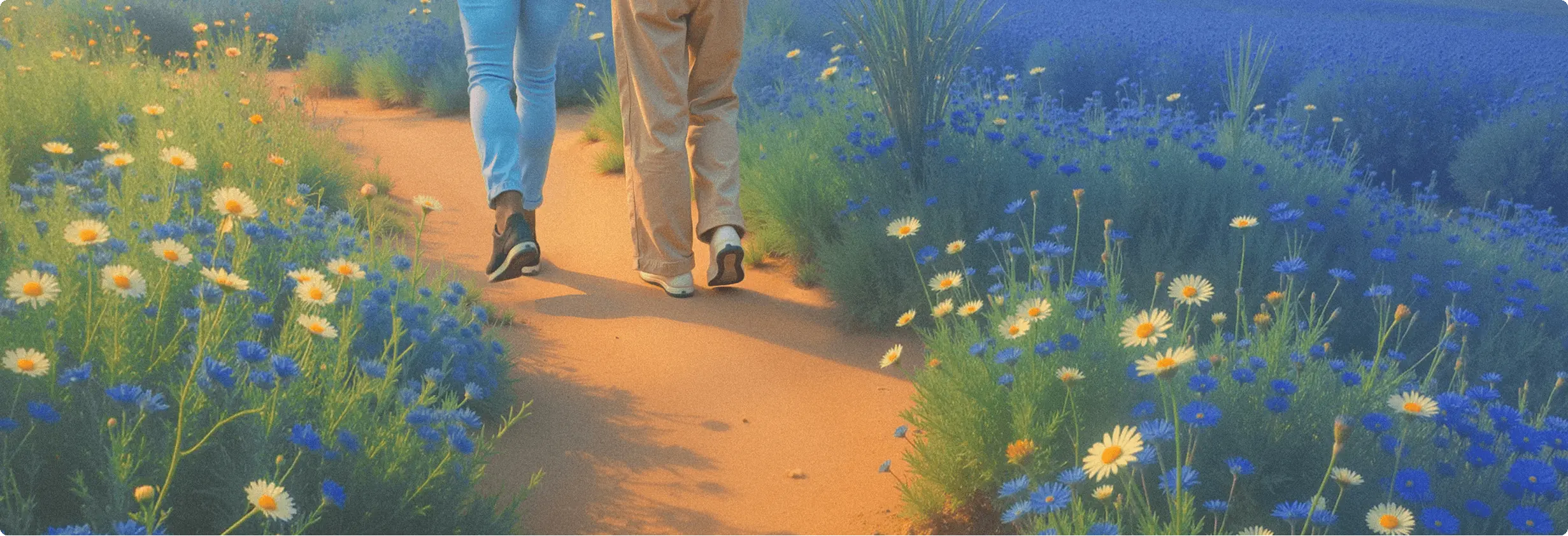 Illustration of people walking down a flowery path