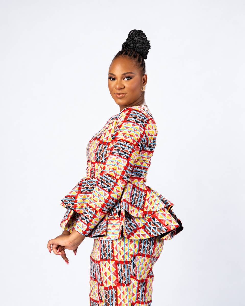Model in colorful patterned dress