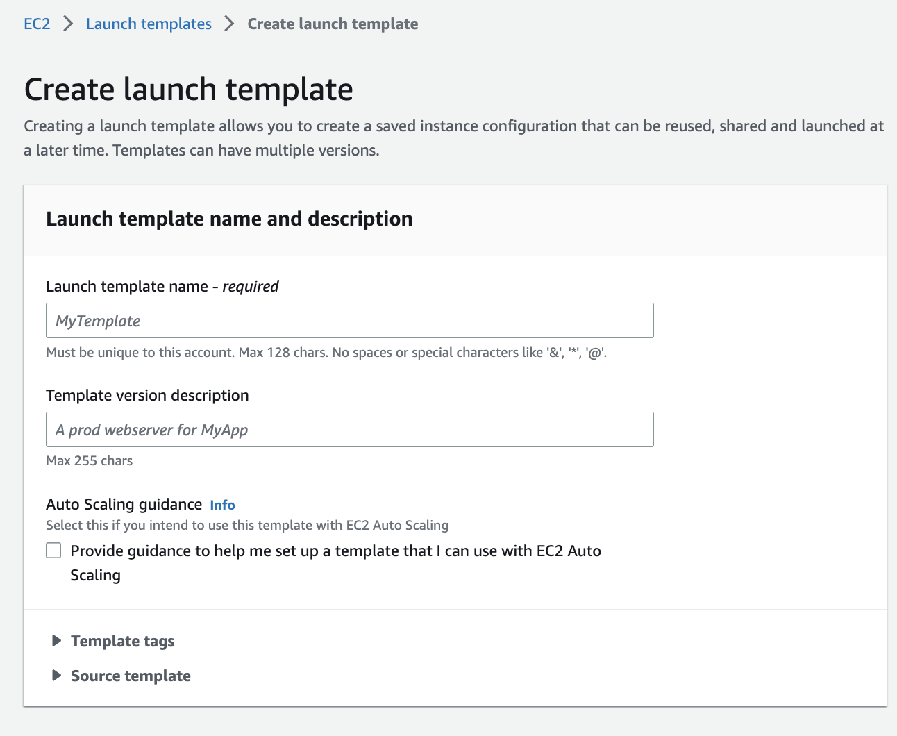 AWS Create Launch Template Menu