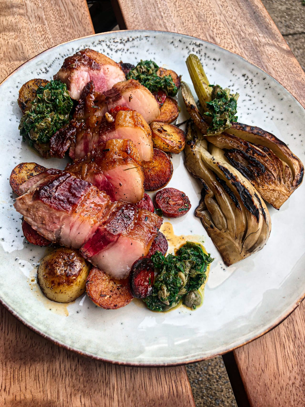 Wild Boar Cutlets, Sautéed new potatoes and Chorizo, Charred fennel, Salsa Verde.