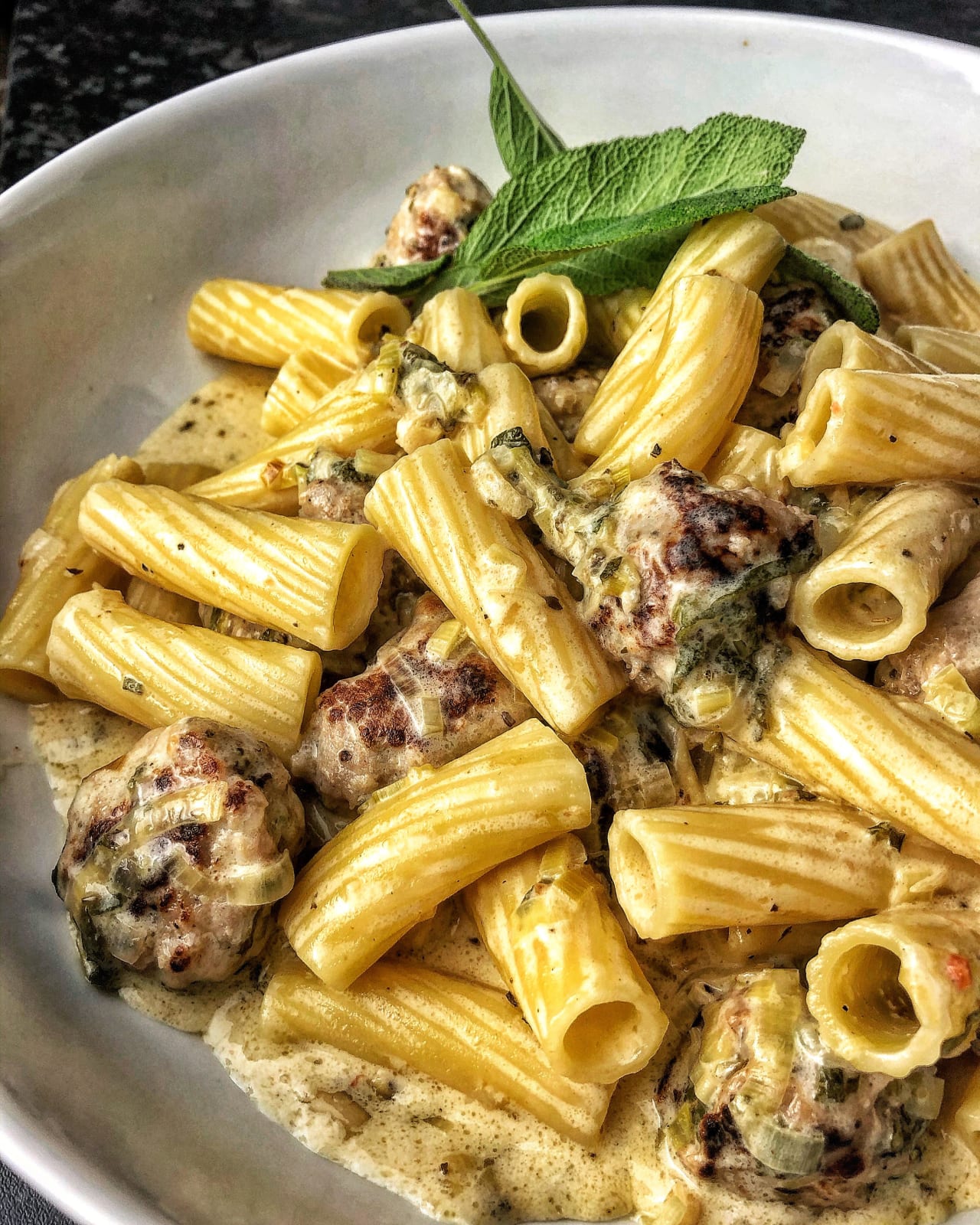 Creamy Leek & Sage Rigatoni with Pork & Apple Sausage