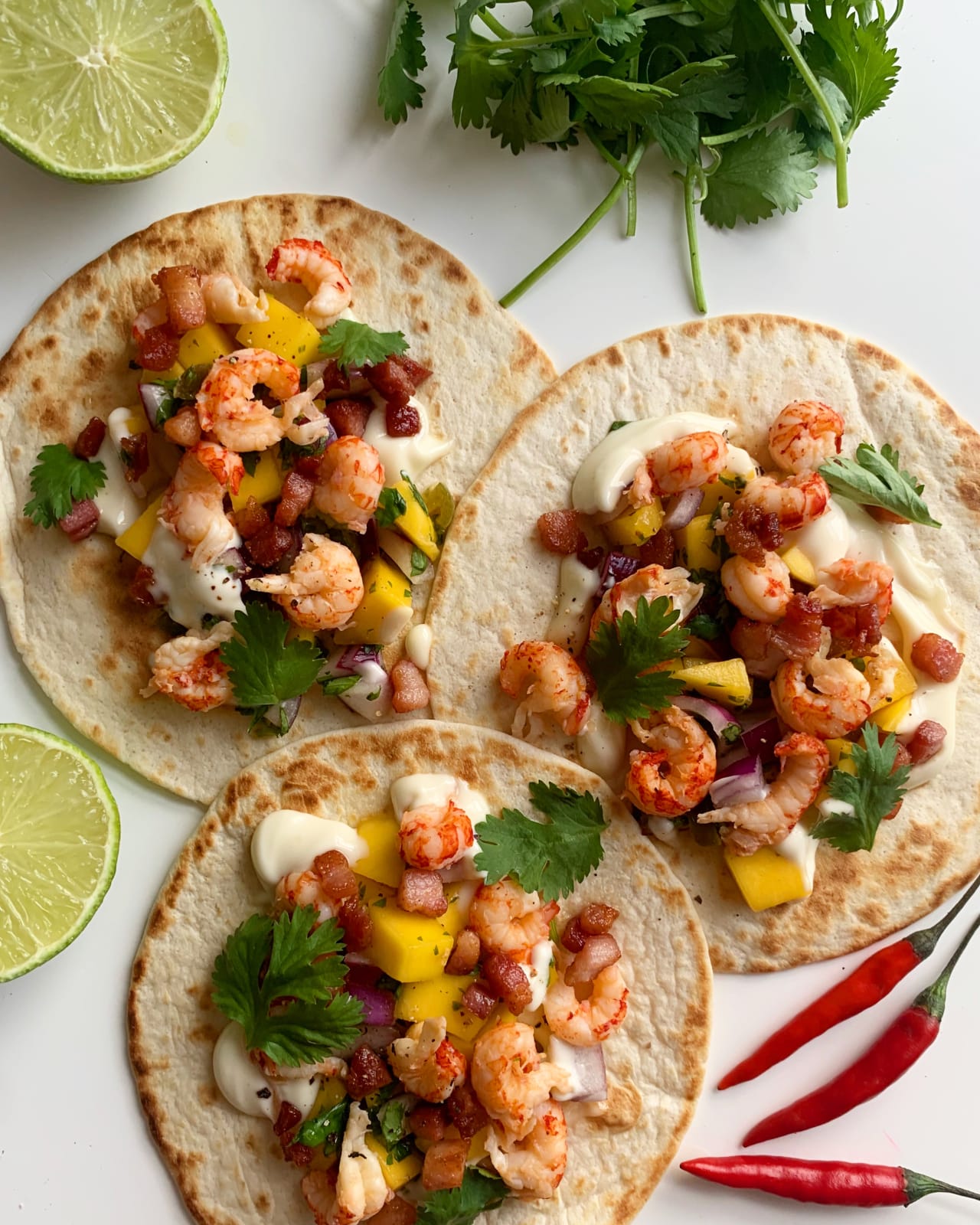 Crayfish & pancetta tacos with a mango salsa