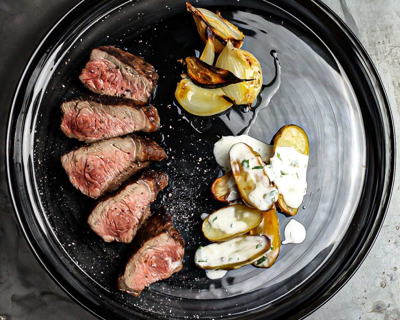 BBQ Pincanha steak with Jersey Royal & Gorgonzola Salad