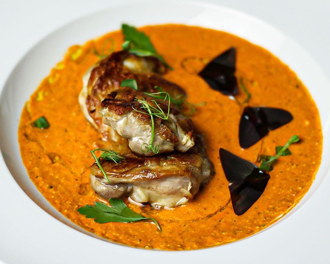 Chicken thighs with a Romesco style sauce
