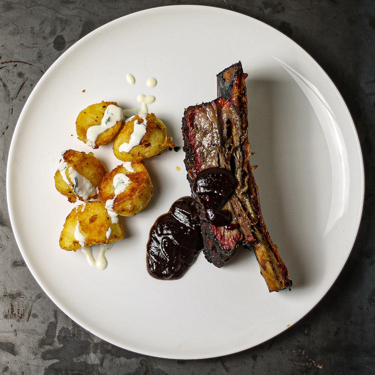 8 hour smoked short rib with beef fat potatoes