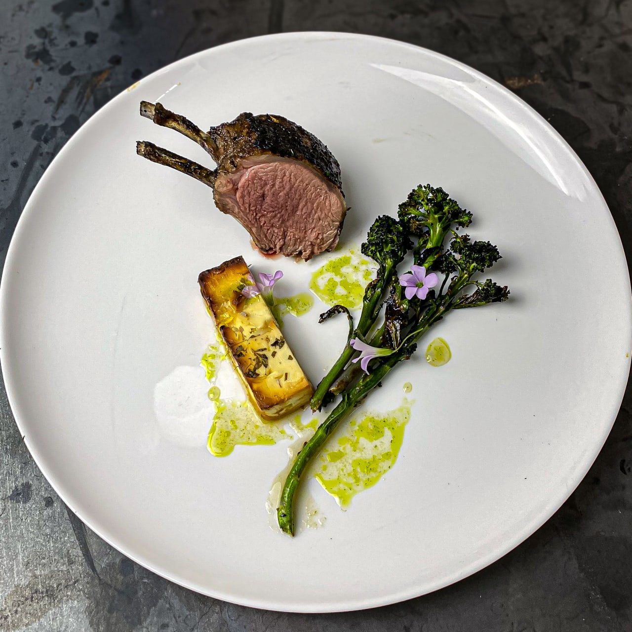 BBQ Lamb Rack with Honey & Lavender Baked Feta, Purple Spouting Broccoli