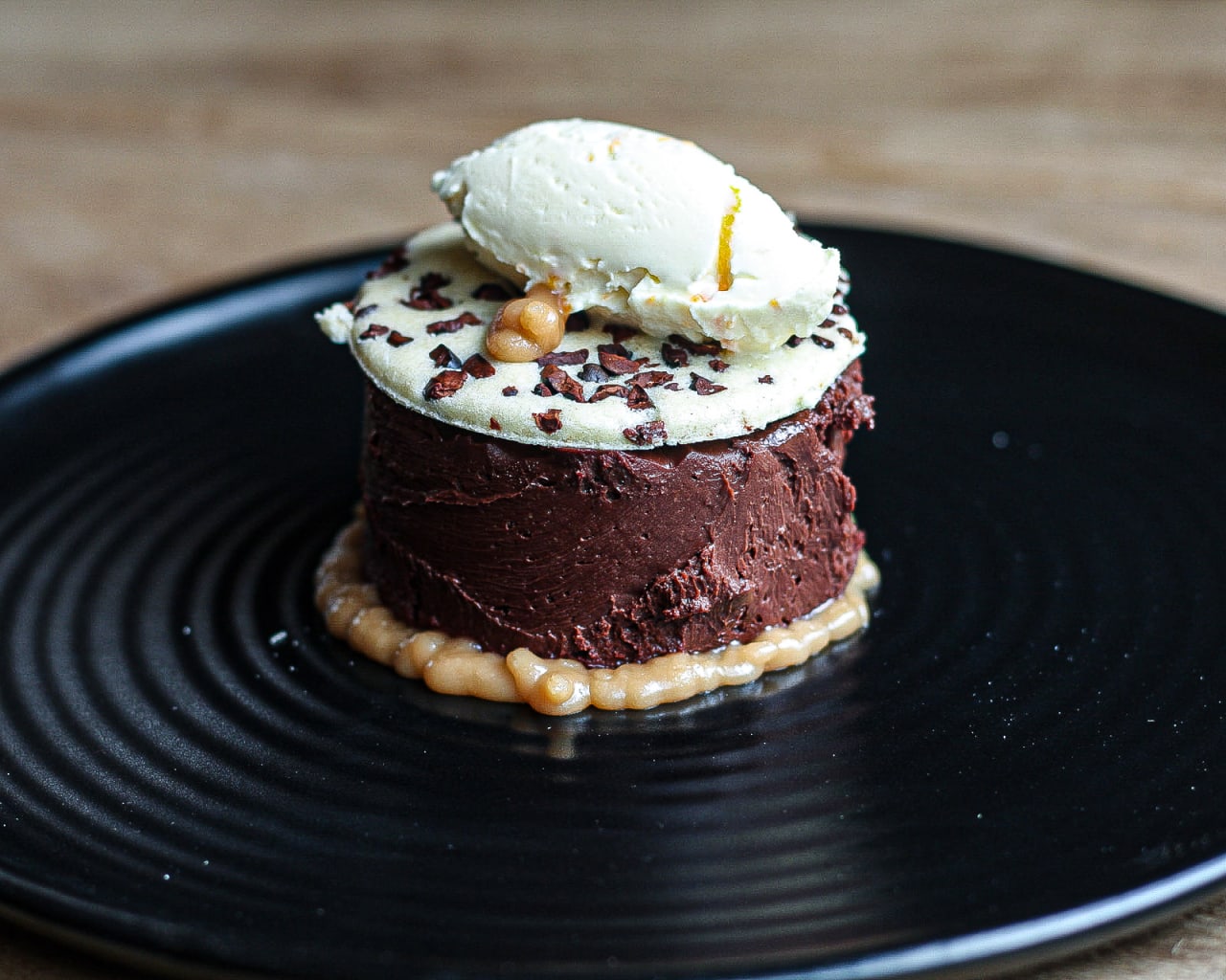 Chocolate Delice with Cocoa Nib Tuile, Salted Caramel and Orange Mascarpone