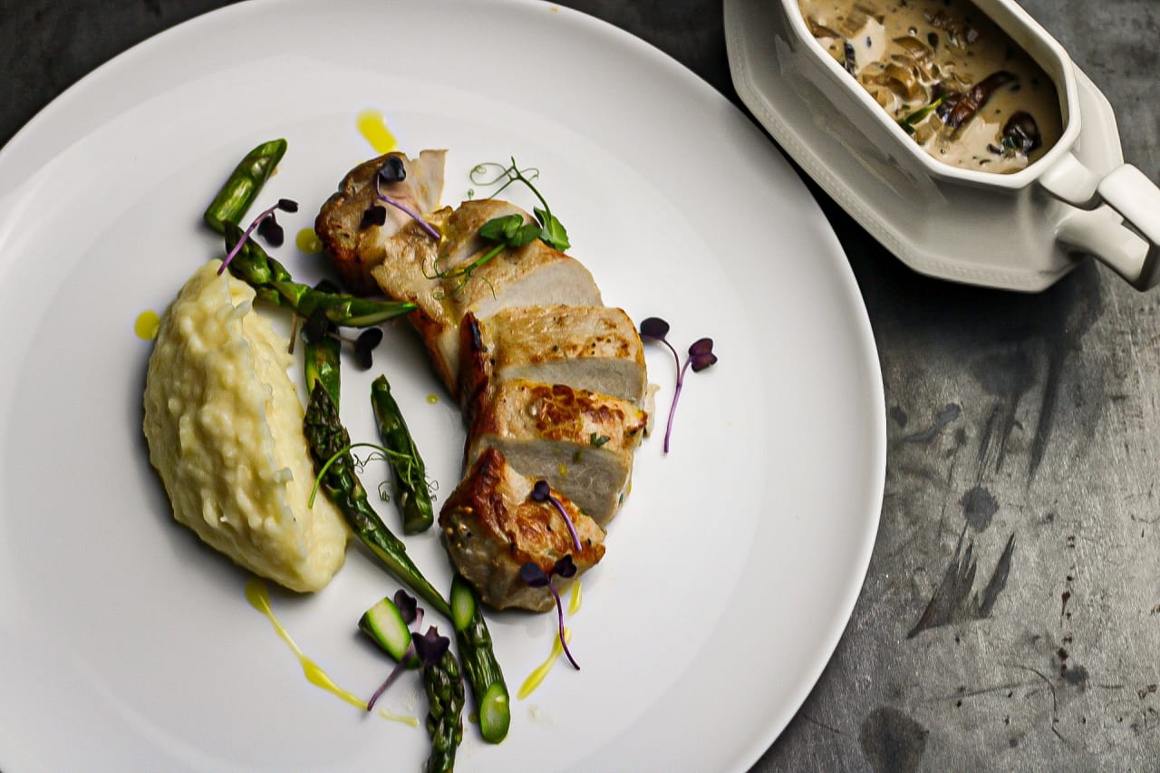 Pork Loin with Smoked Garlic Mash and a Creamy Mushroom & Tarragon sauce