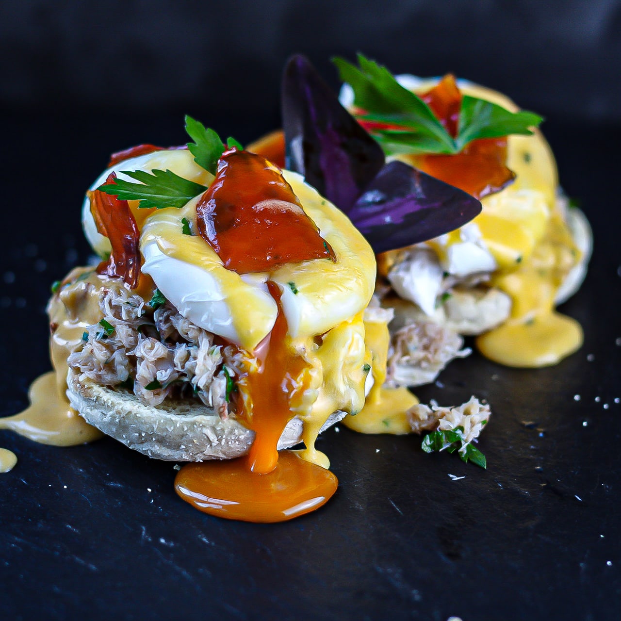 Crab Benedict with Chive Hollandaise and Candied Salmon