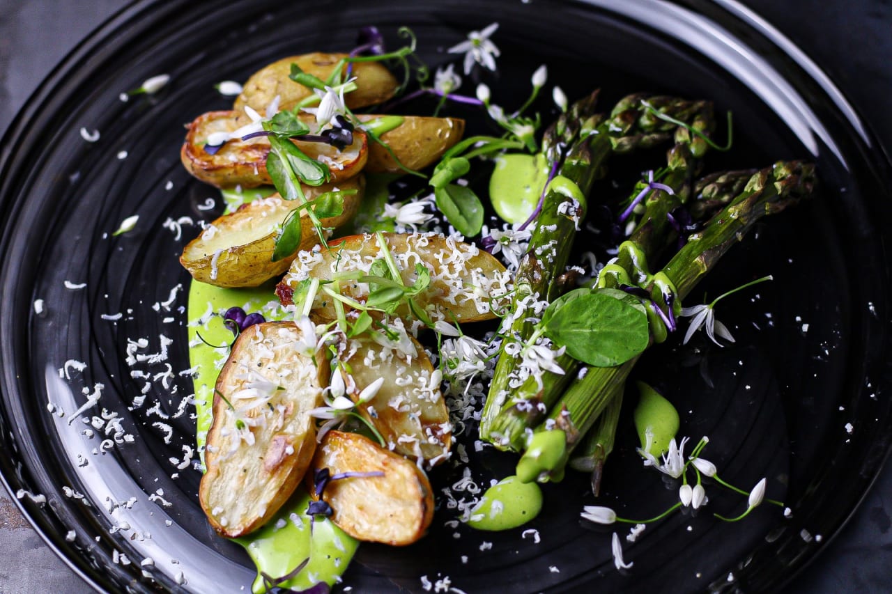 Roasted Jersey Royal, Asparagus & Wild Garlic Salad with Frozen Grated Roquefort