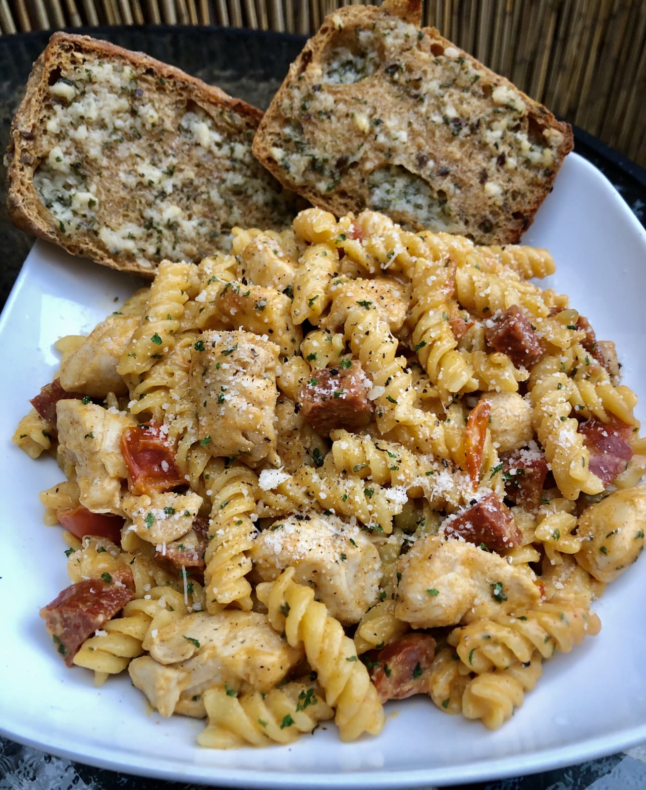 Cheesy chipotle chicken and chorizo pasta