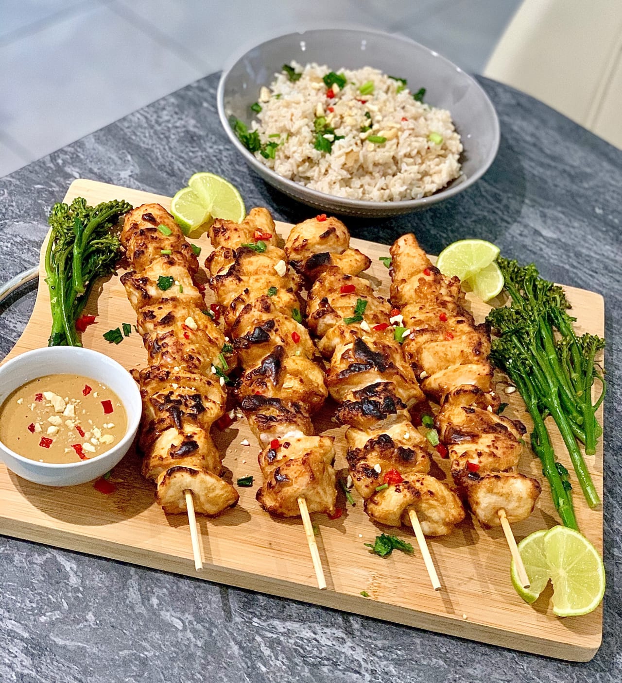 Grilled peanut satay marinated chicken skewers