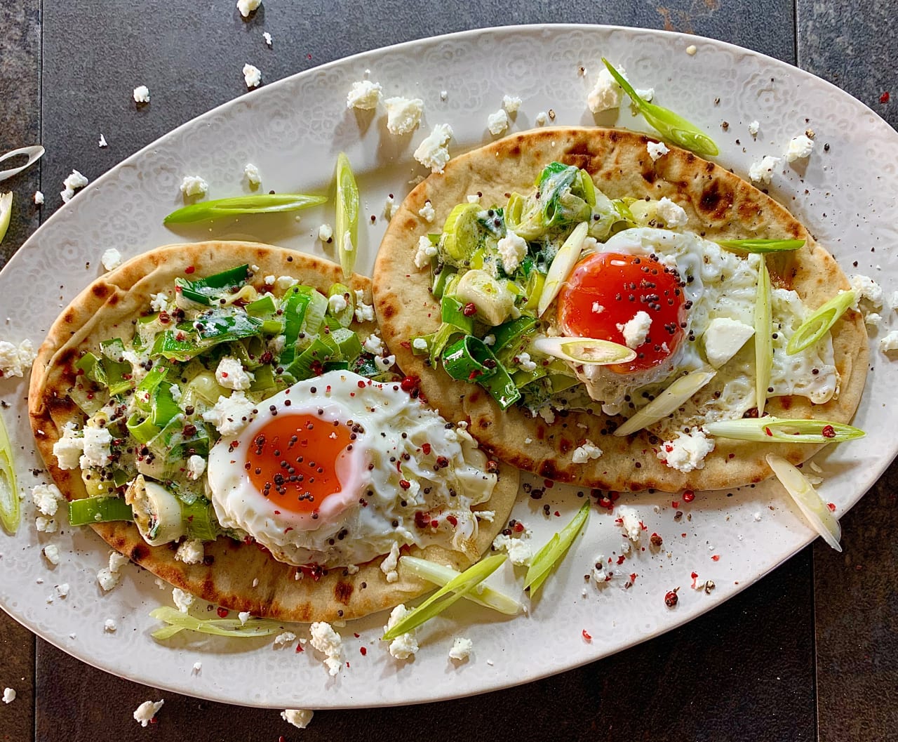 Greek Flatbreads with Caramelised Leeks and Fried Eggs
