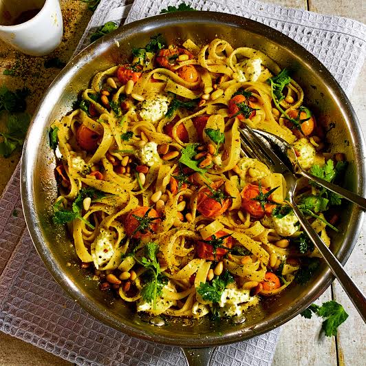 Tagliatelle with Cherry Tomatoes, Mozzarella and Toasted Pine Nuts!