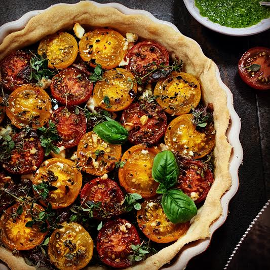 Seasonal Tomato Tart with Anchovies, Feta and Thyme