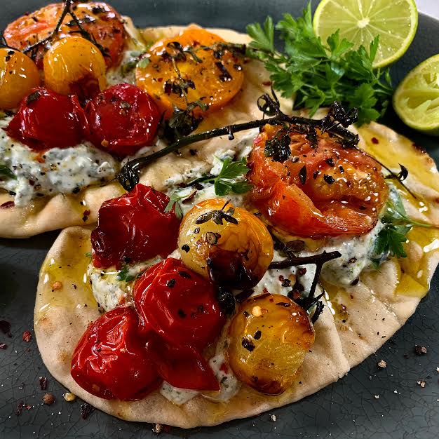 Flatbreads with Herby Feta and Seasonal Tomatoes