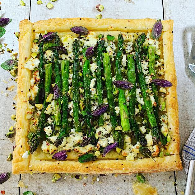 Asparagus Tart with Feta, Spearmint and Pistachio