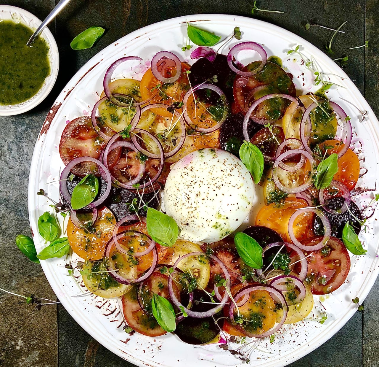 Beetroot and Tomato Salad with Burrata and Basil Oil