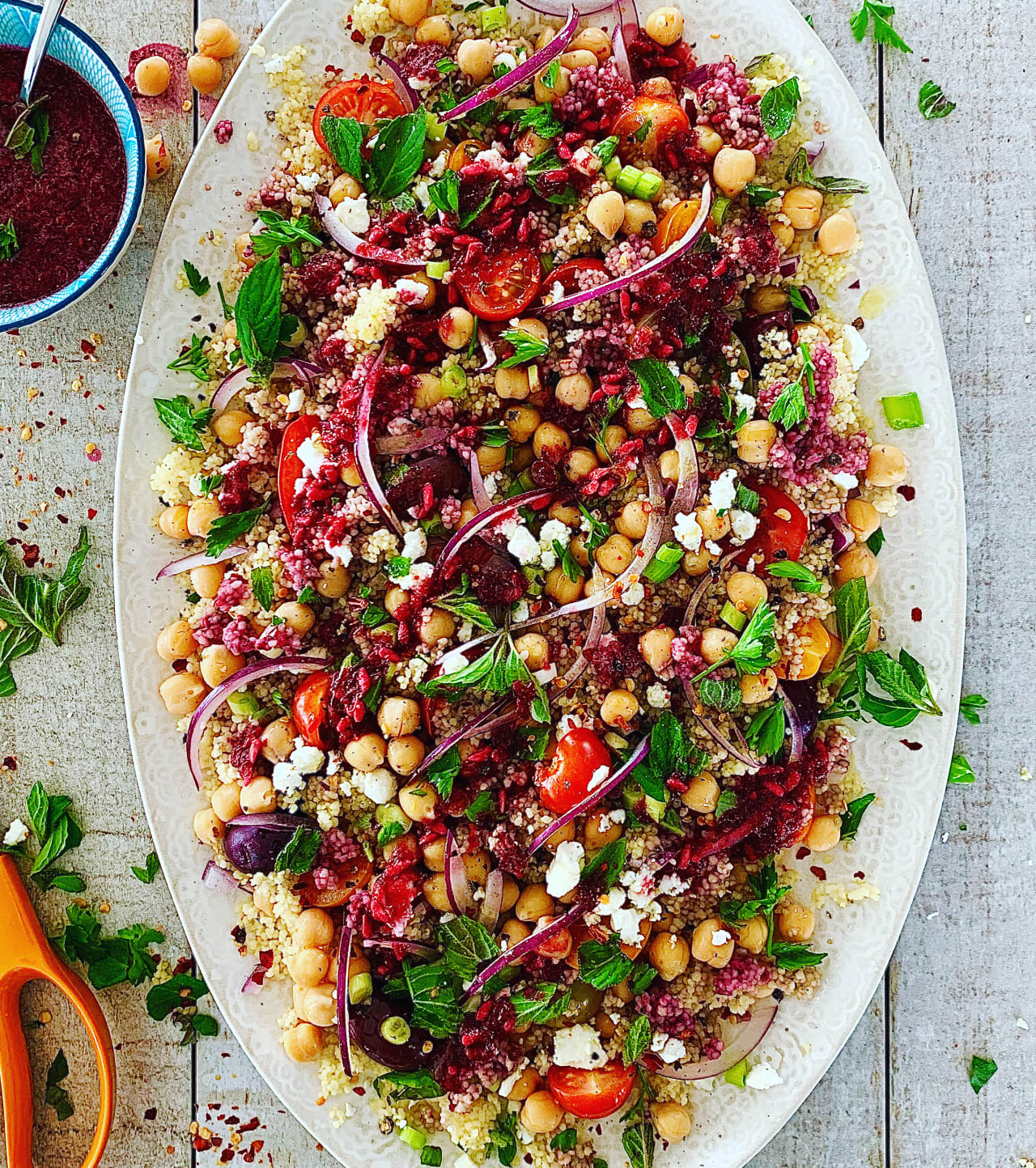 Couscous Chickpeas and Feta with a Fresh Pomegranate Dressing
