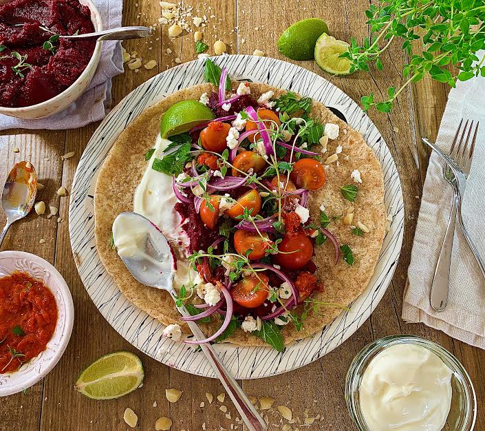 Flatbreads with Beetroot Hummus, Greek Yoghurt, Feta and Mint