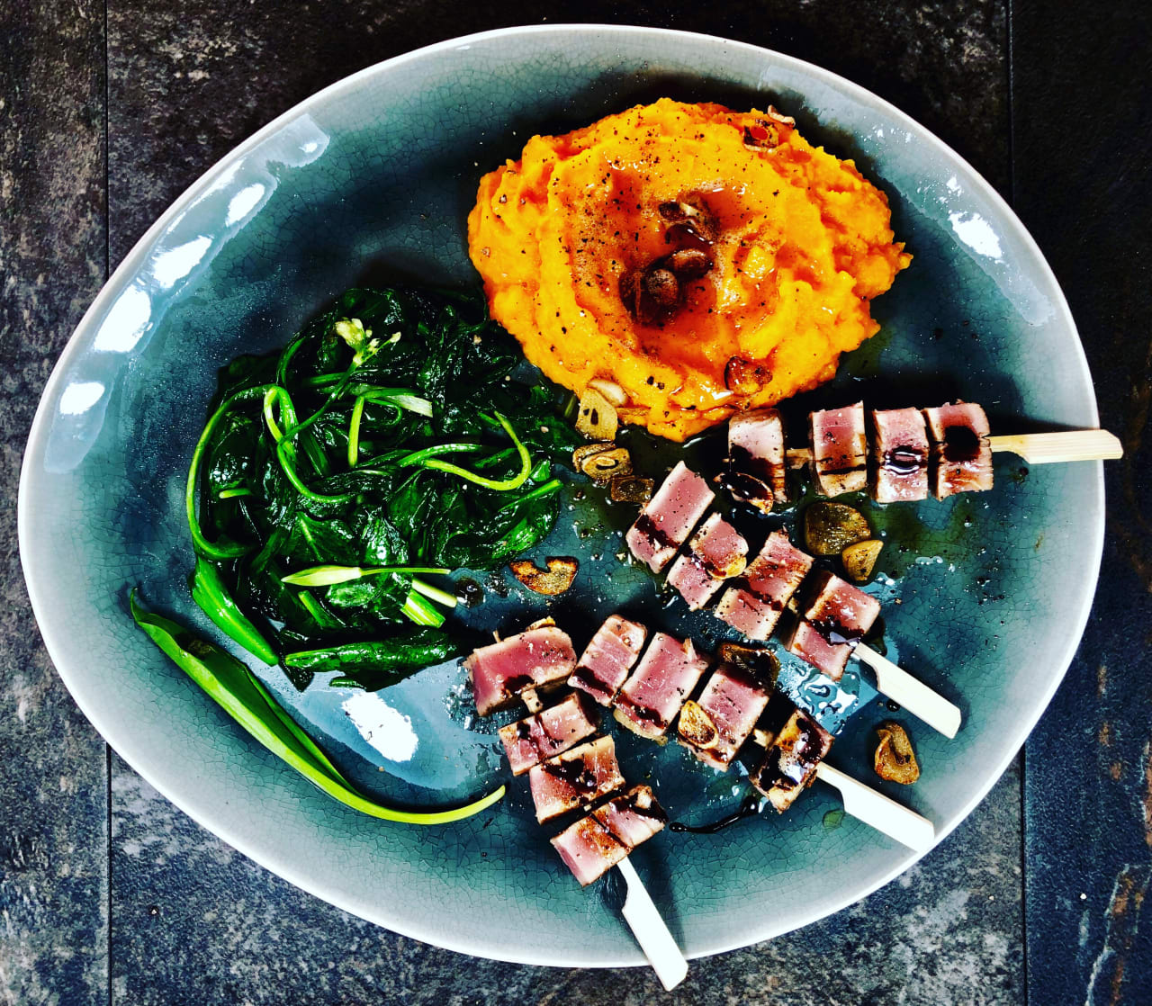Seared Tuna Skewers with Sweet Potato Mash and Wild Garlic