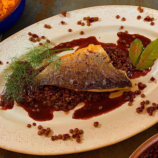 Grilled Sea Bream with Puy Lentils and Red Wine