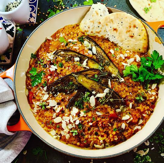 Spicy Red Lentils with Roasted Aubergines