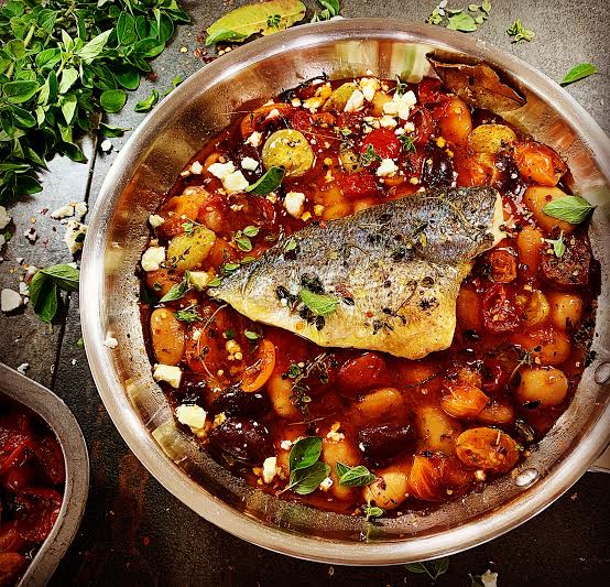 Sea Bream with Slow Roasted Tomatoes and Beans