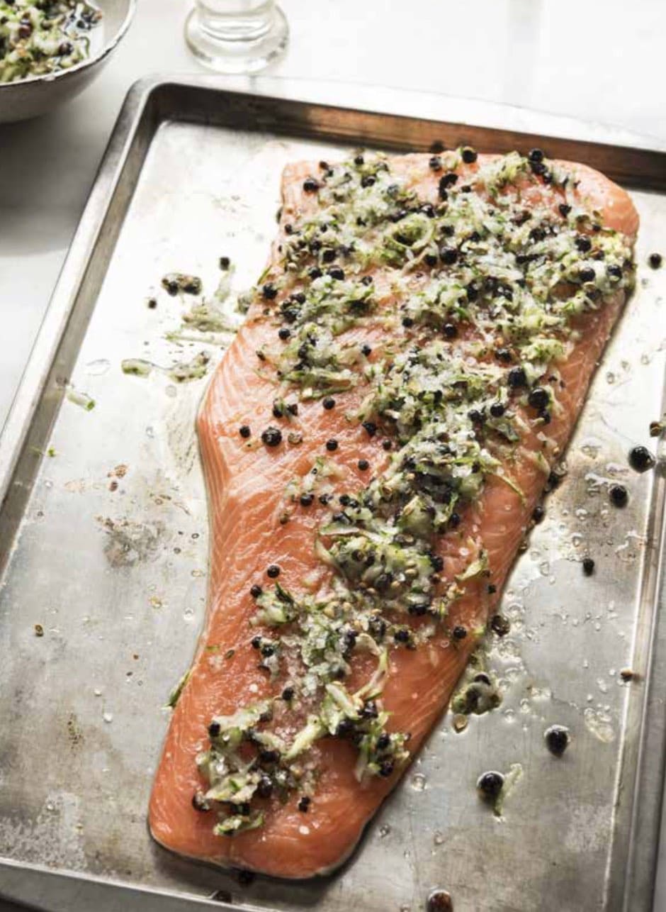 Aromatic gin and cucumber cured salmon
